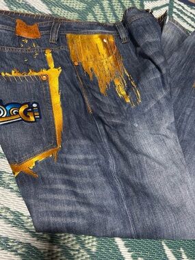 Y2K COOGI Blue Jeans with Gold Paint Accents size 46x36